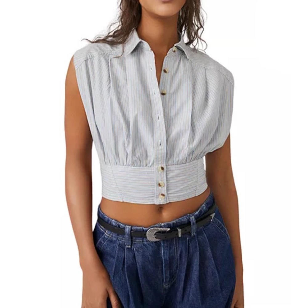 Free People Cassie Cotton Striped Cropped Shirt